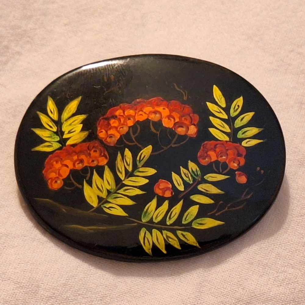 Russian Fedoskino Hand Painted Black Lacquer Art Brooch Pin